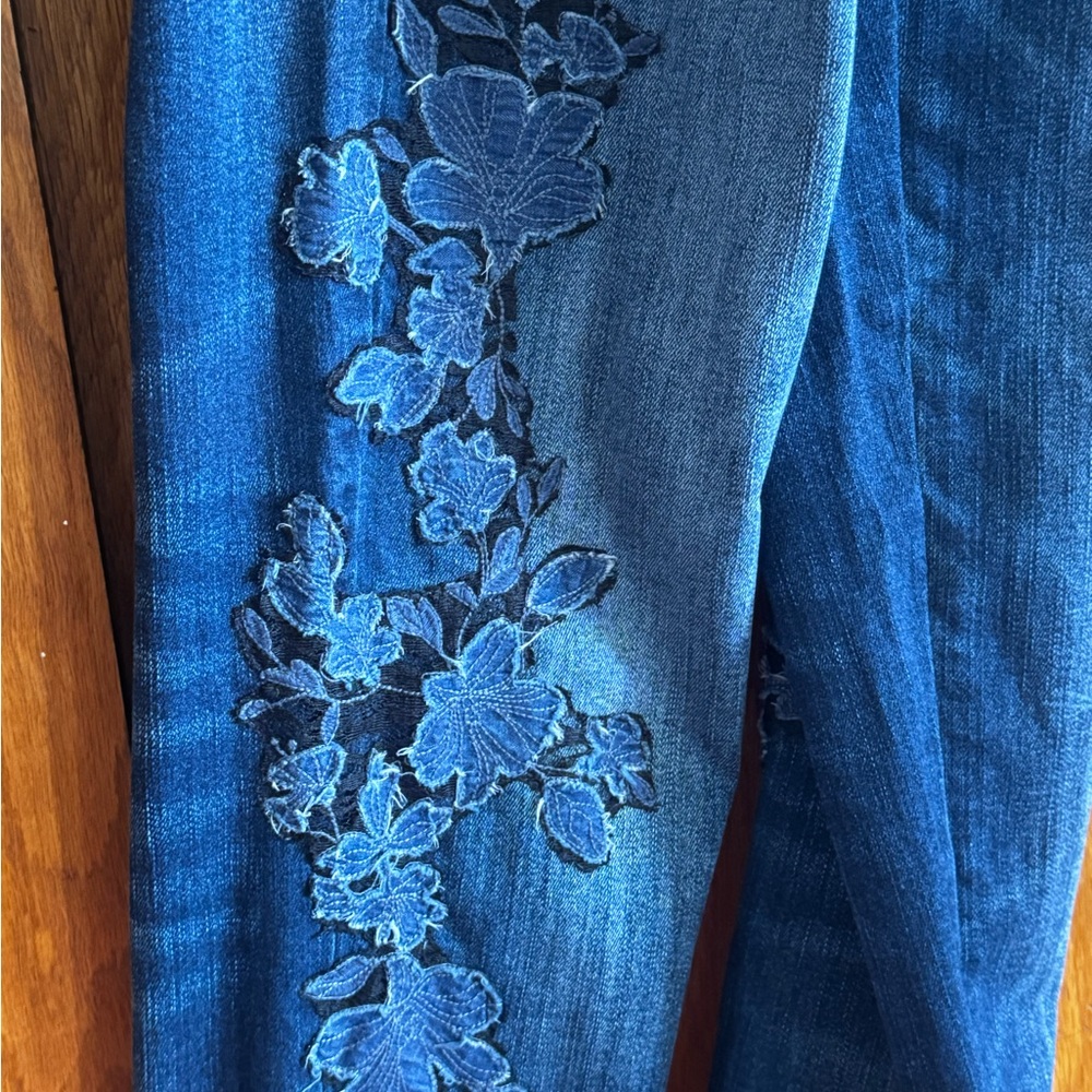 White House Black Market Dark Blue Skinny Jeans with Black Floral Detail